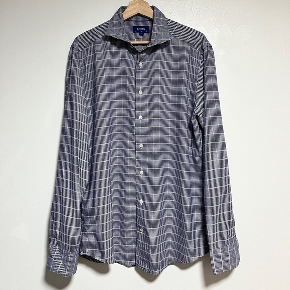Eton Slim Fit Button-Up Shirt - Size Large, Navy Micro-Check, Made in Romania - Picture 1 of 5